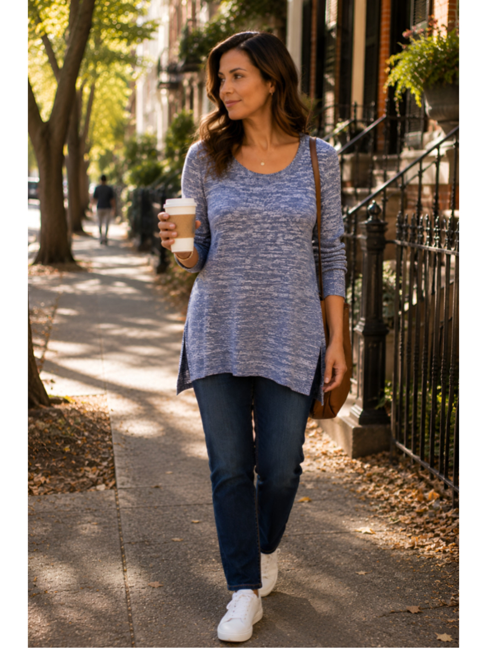 Tahari Medium Blue Marled Knit Tunic Sweater Long Sleeve Side Vents NWOT